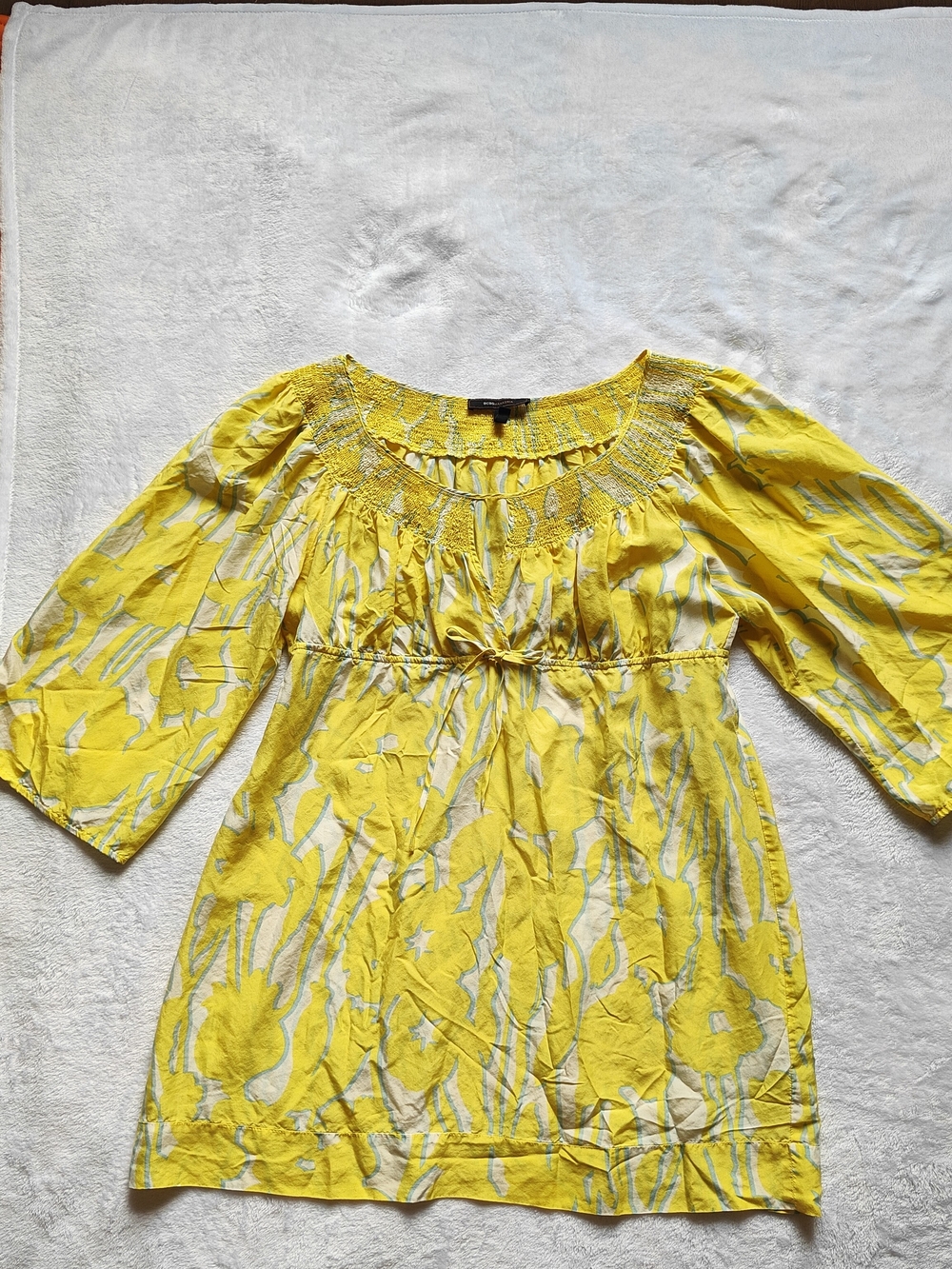 BCBGMAXAZRIA Yellow Abstract Silk Smocked Boat Neck 3/4 Sleeve Tunic Size L